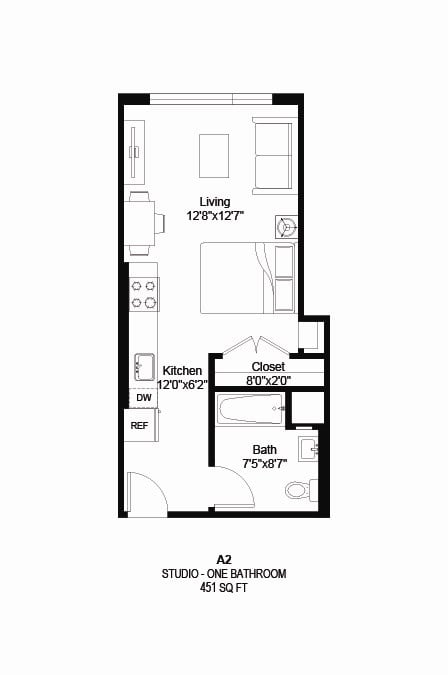 Floor plan for studio, 1 bath, 451 sqft